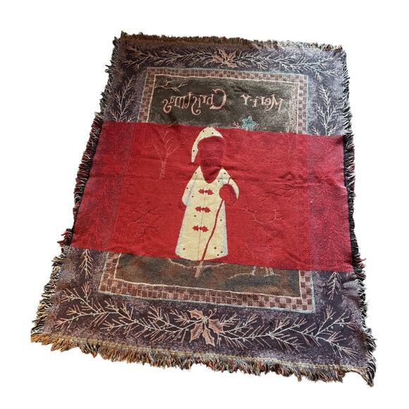 Vintage Merry Christmas Santa Winter Woven Tapestry Blanket 69x52 - Picture 2 of 2